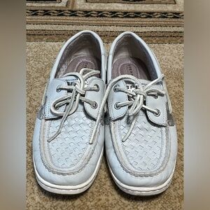 Sperry TOP SLIDERS WOMEN Woven Leather Boat Shoes, BLUE FISH GRAY SIZE 7.5